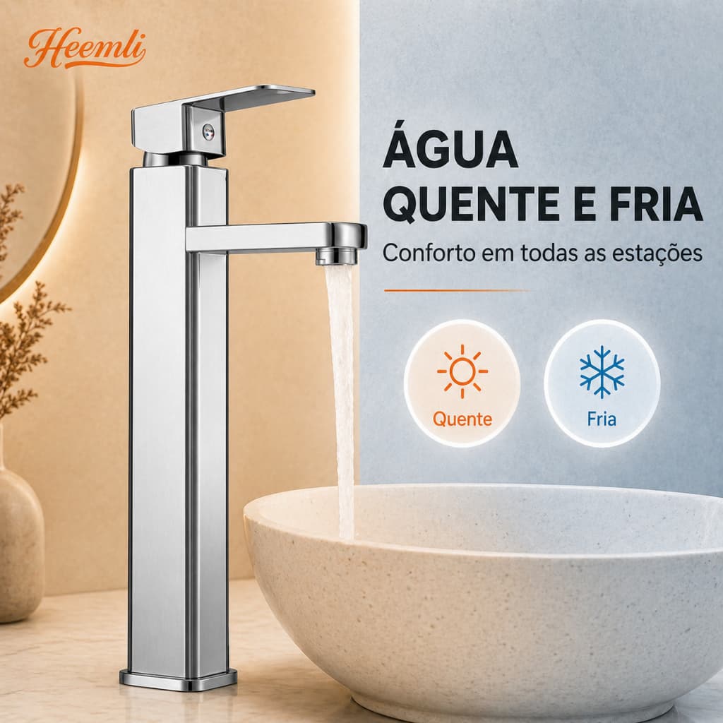 Torneira para Banheiro Heemli Alta Inox 304 Quente Fria Cuba Apoio Escovada