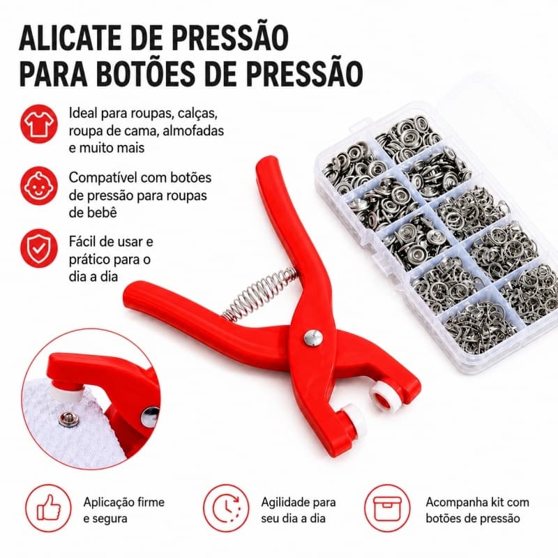 Alicate para Botão de Pressão com 100 Botões Kit Aplicador para Roupas Costura Artesanato