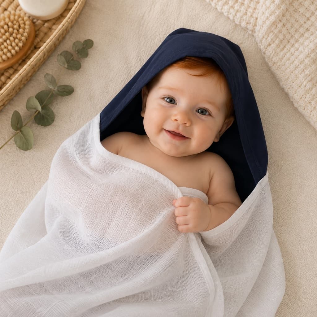 Toalha De Banho Bebê Menino Azul-Marinho Com Capuz 100% Algodão Fralda Macia Enxoval Maternidade
