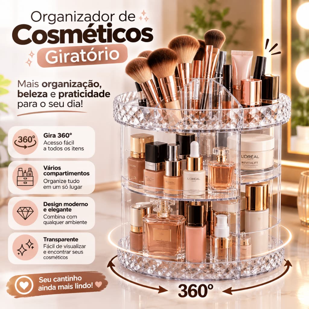 Organizador de Maquiagem Acrílico Diamante Giratório Cosméticos Porta Maquiagem Acessórios