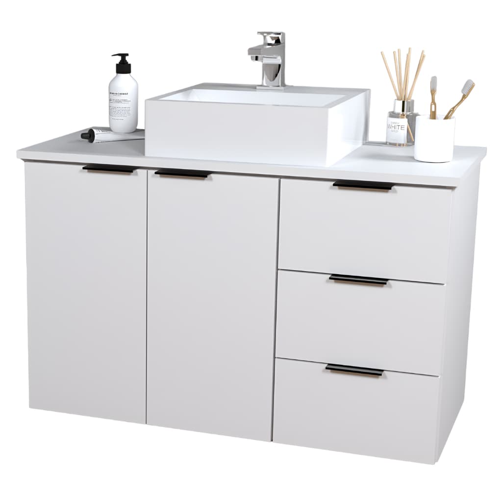 Balcão Móvel Gabinete 80cm MDF Para Banheiro Com Tampo & Cuba Com Fundo - Gavetas Lado Direito do Móvel