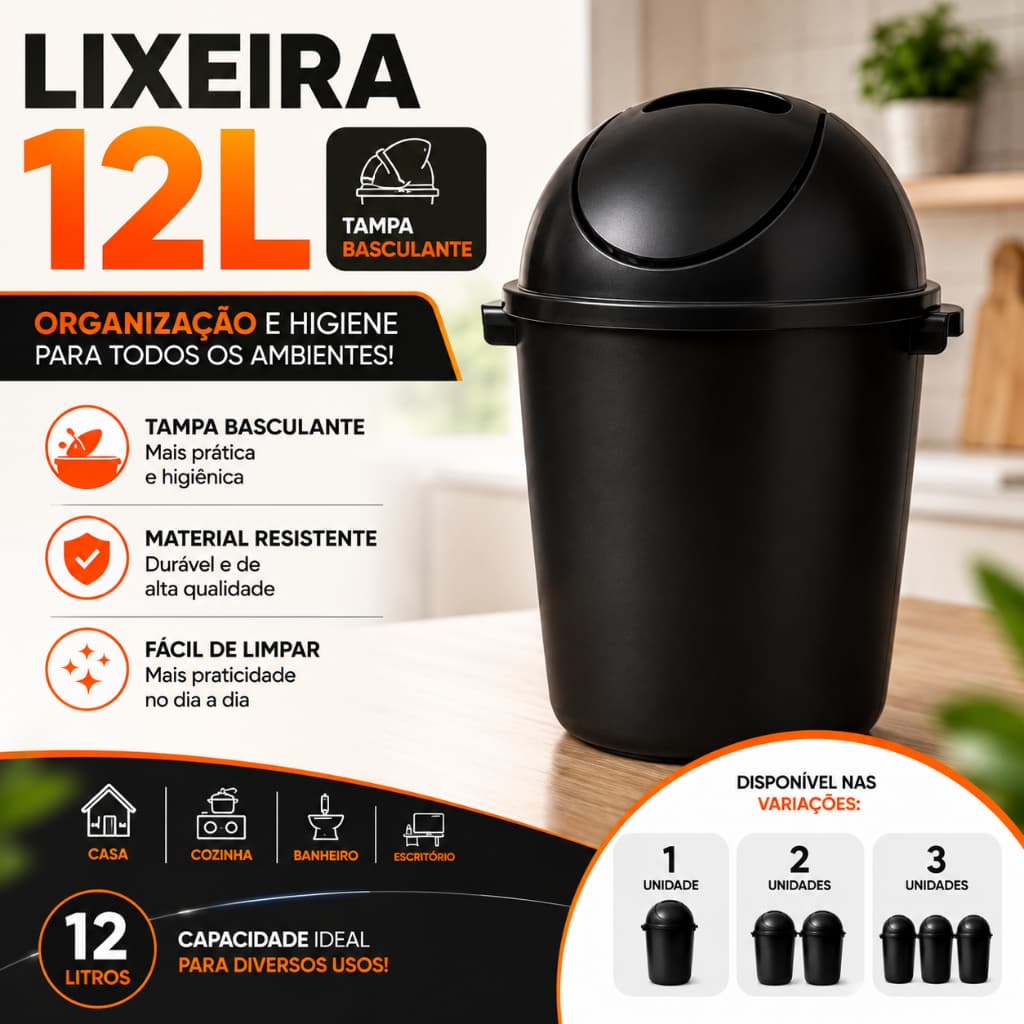 Lixeira Preta 12L Tampa Basculante Plástica Resistente para Banheiro Cozinha Casa Escritório