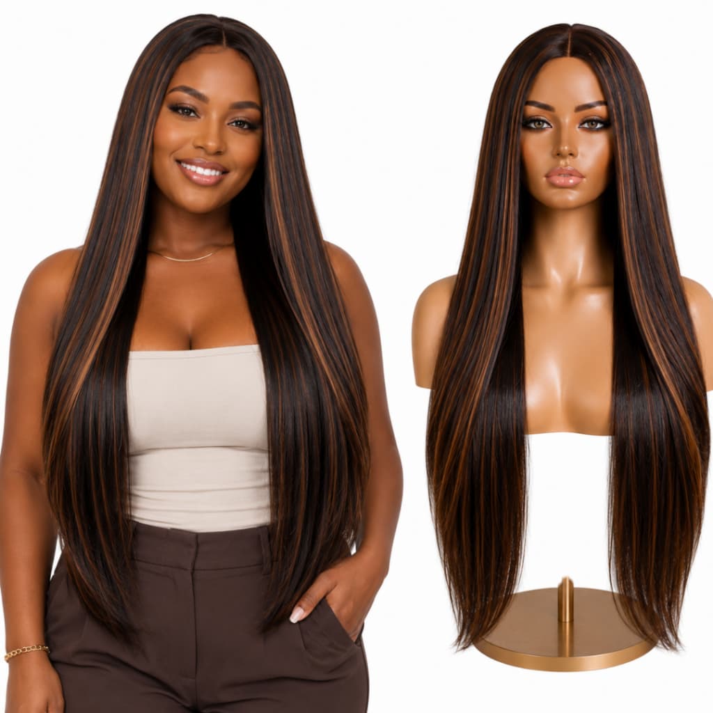 Peruca Lace Wig Super Natural Com Mechas Orgânica Sem Franja