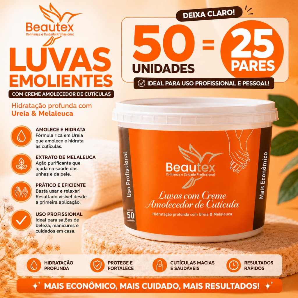 Kit 50 Luvas Beautex Creme Amolecedor De Cutícula Pote Ureia Melaleuca Manicure