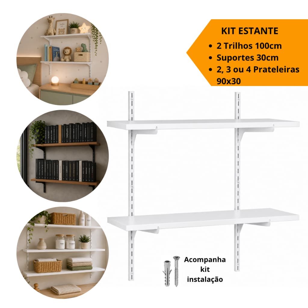 Kit Prateleiras Estante 90x30 com Trilhos e Suportes de Aço 2 3 ou 4 Prateleiras Ajustável