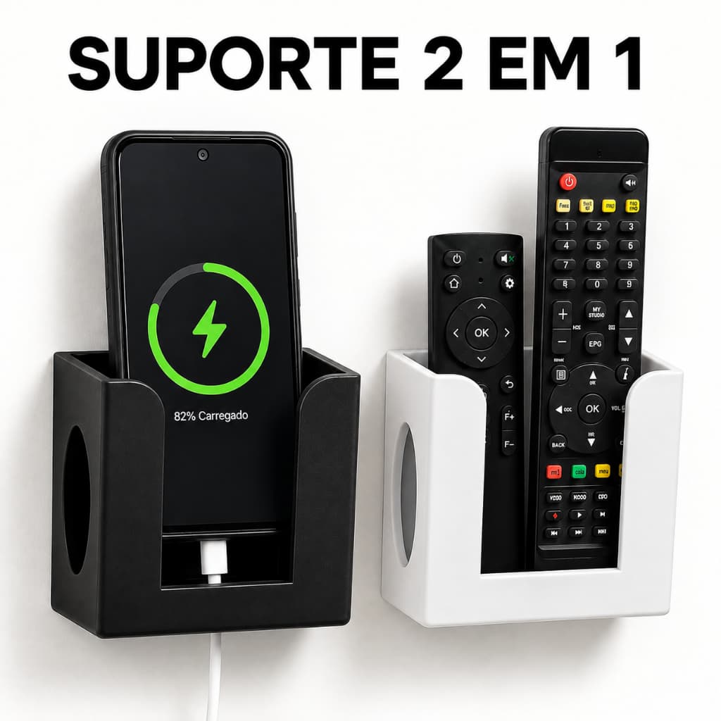 Suporte Controle Remoto Parede Celular 2 em 1 Universal Porta Controle TV Ar Condicionado Fita Dupla Face Sem Furo