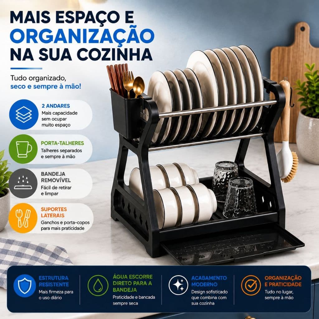 Escorredor de Louças 2 Andares com Porta Talheres Bandeja Removível Porta Talheres Pratos Copos - AV