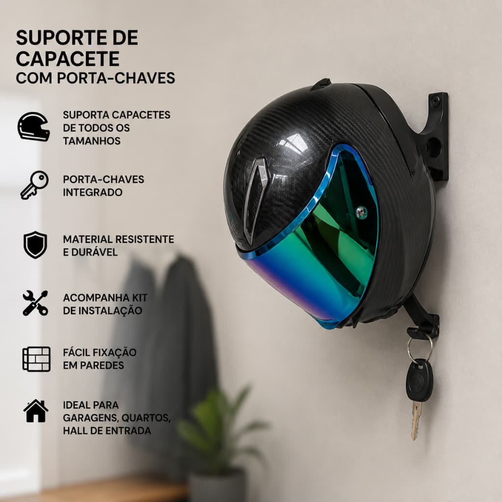 Suporte de Capacete com Porta-Chaves para Moto Organizador de Parede para Capacete Jaqueta e Acessórios