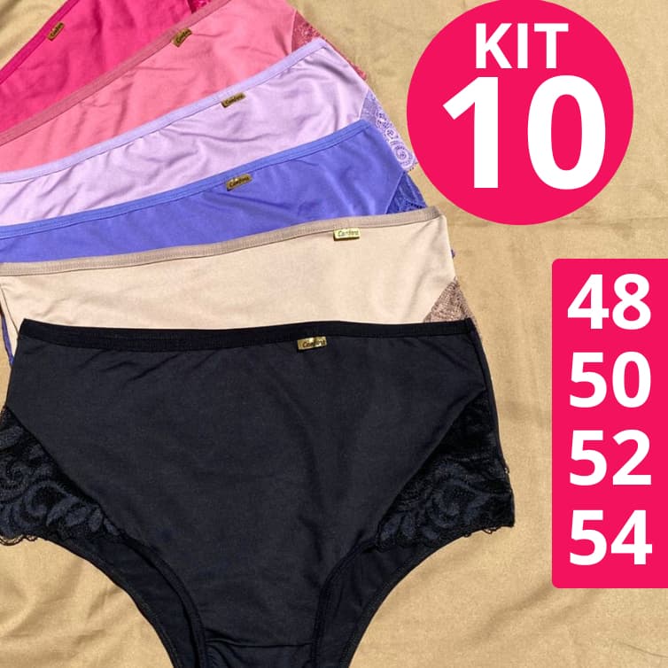 Kit 10 Tangão Com Renda Calçola Senhora Plus Size Cintura Alta Microfibra Premium Alto Conforto 9.9