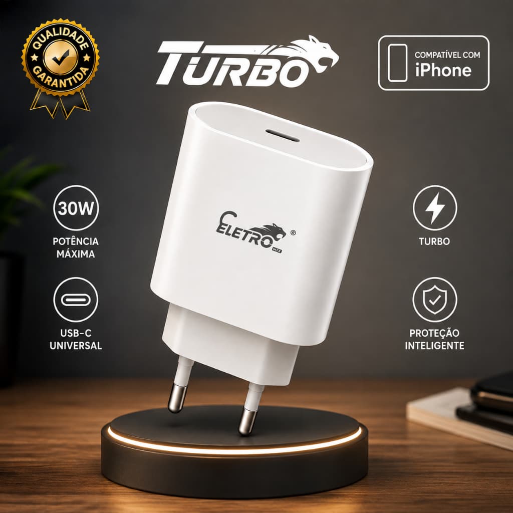 Carregador Para Iphone 30W Original Eletromex USB-C Tipo C Fonte 8 XR 11 12 13 14 15 16 17 Pro Max
