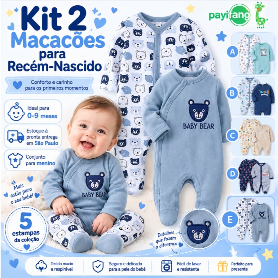 Payifang Kit Macacão Bebê Menino 0-9 Meses Algodão Dinossauro Urso Esporte Listrado 2 Peças Pijama Bebê Infantil