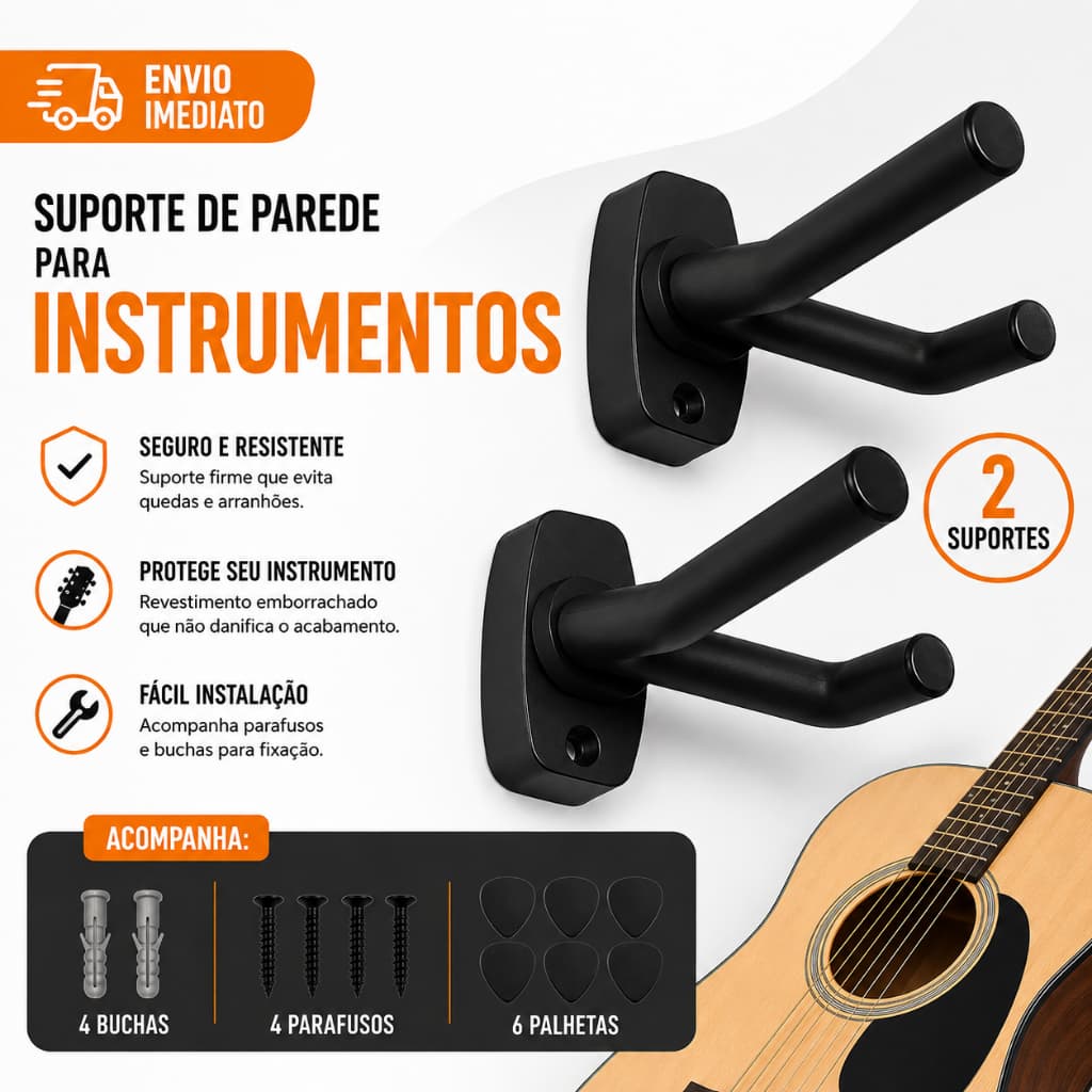 Kit 2 Suportes Importado para Violão, Violino,  Ukulele, Guitarra + Kit de Montagem e 3 Palhetas