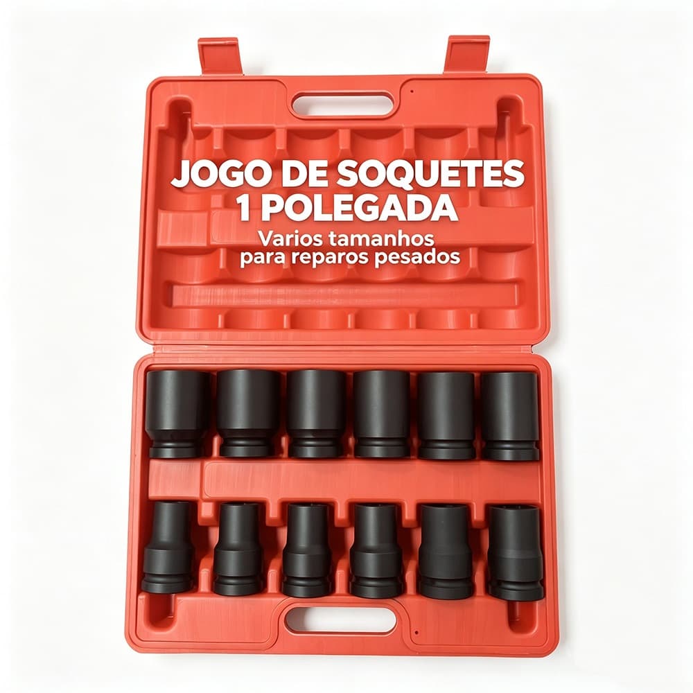 Jogo De Soquetes De Impacto 1" 12 Peças CR-MO Com Maleta | Soquete Pneumático Para Oficina Mecânica Caminhão