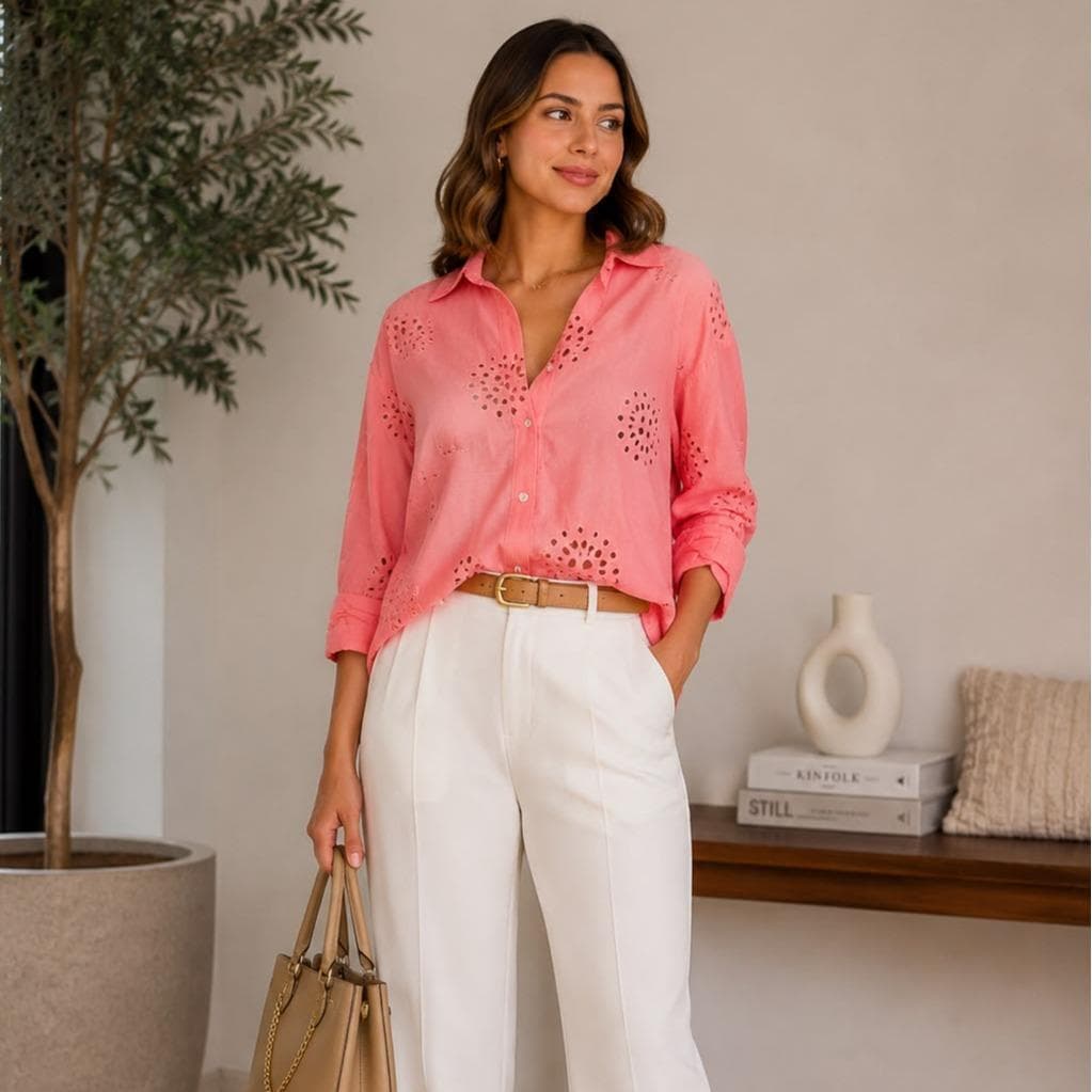 Camisa Feminina Coral Manga Longa Laise Casual Elegante