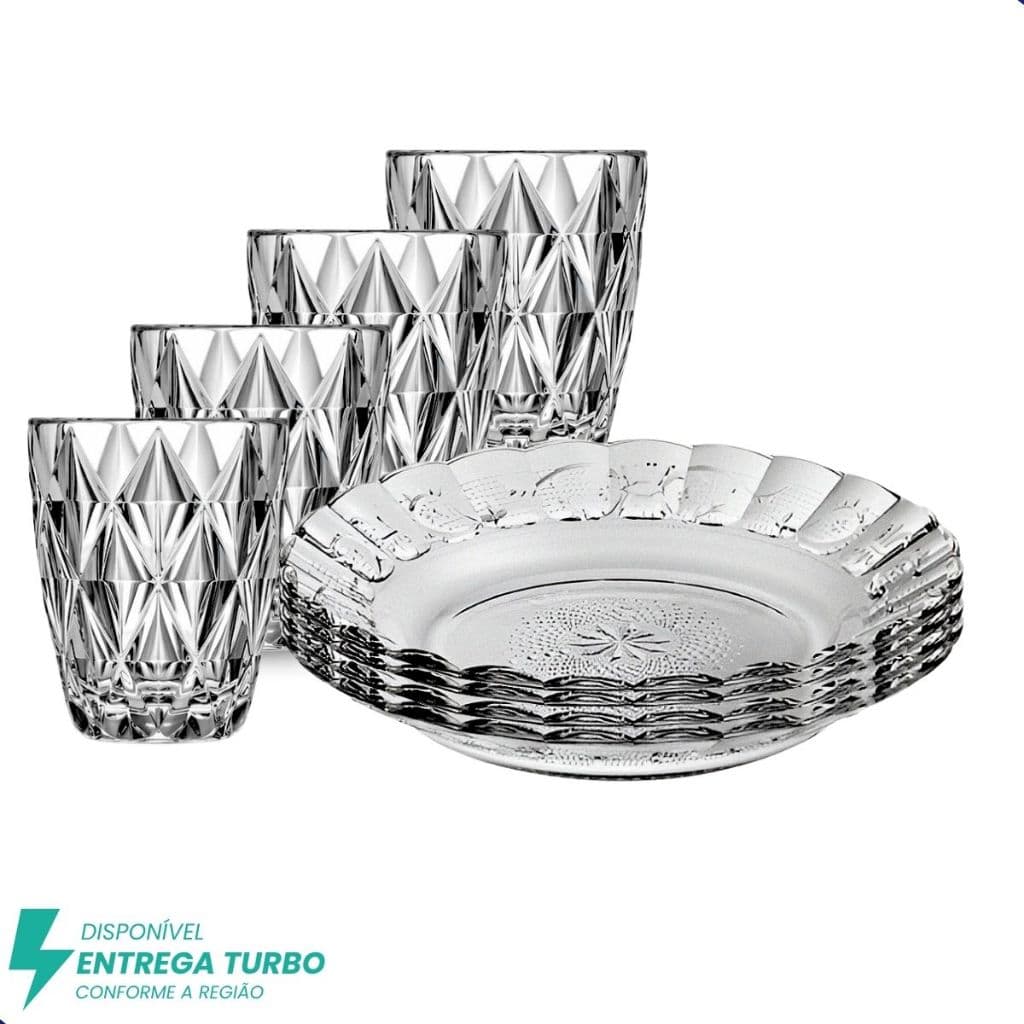 Aparelho de Jantar 8 Peças com Copos em Vidro 4 Pratos, 4 Copos à Sua Escolha Design Moderno