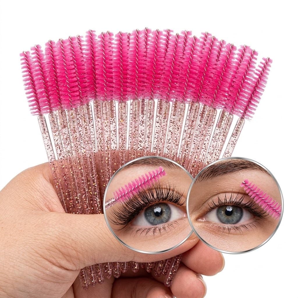 Kit 50/100 Escovas De Cílios E Sobrancelha Descartáveis Com Glitter para Extensão e Alongamento