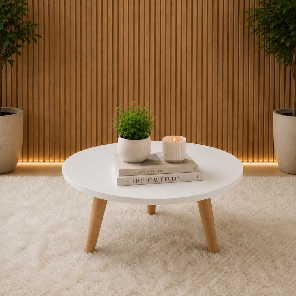 Mesa de Centro Redonda Moderna MDF Com Pés de Madeira Pinus De Sala de Estar Compacta