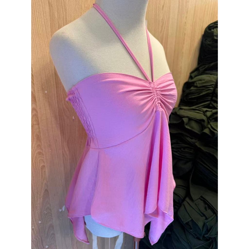 Top Halter Feminino Franzido Babado Assimétrico Moda Casual