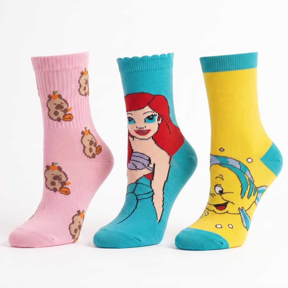KIT 3 Meia Infantil Ariel Linguado Cano BAIXO Algodão Kawaii Geek Personagem Capivara fofa algodao premium escola