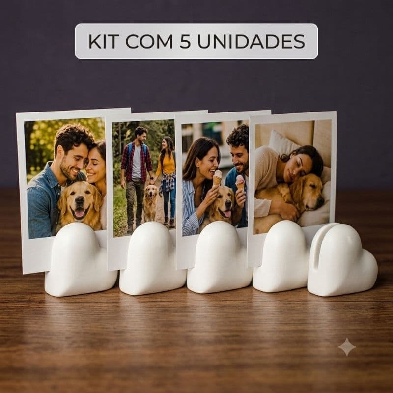 Kit 5 Bases para Foto Polaroide | Suporte de Mesa Formato Coração Cantinho do Café Quarto