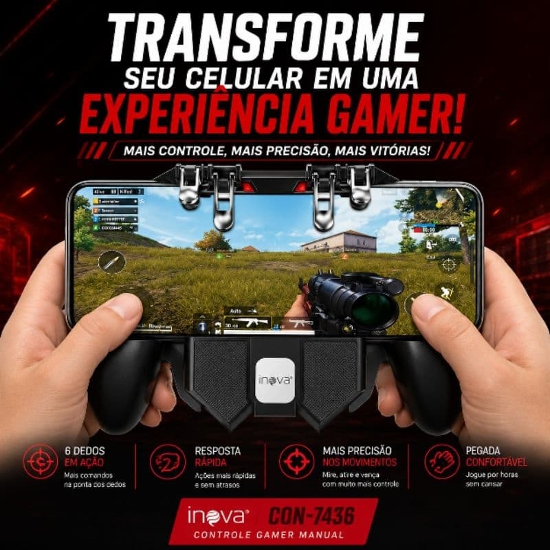 Controle Gamer para Celular com Gatilhos Suporte Ajustável Joystick INOVA CON-7436