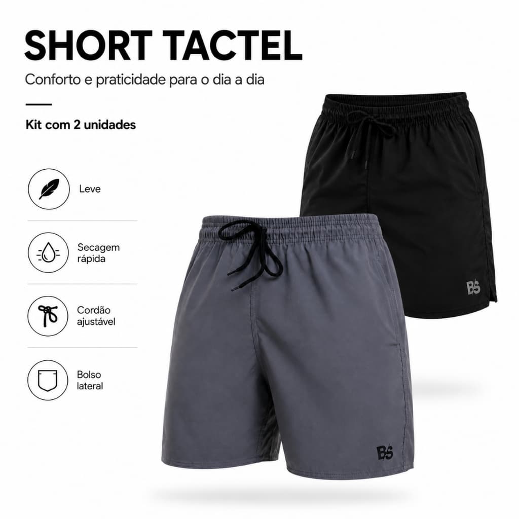 Kit 2 Bermudas Tactel Shorts Masculino Confortável Básico Liso Academia Cordão Praia Corrida Caminhada Engomadinho