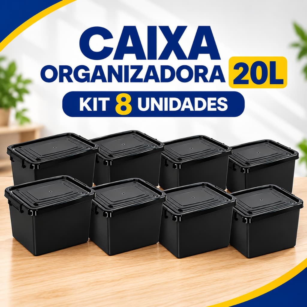 Kit 8 Caixas Cesto 20 Litros Caixa Organizadora Pretas Com Tampa e Trava Organizador Preto