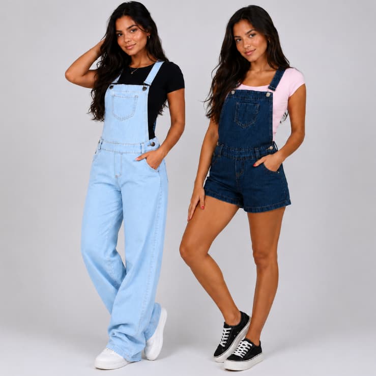 Combo Jardineira calça + macaquinho short jeans meninas infantil juvenil com bolso