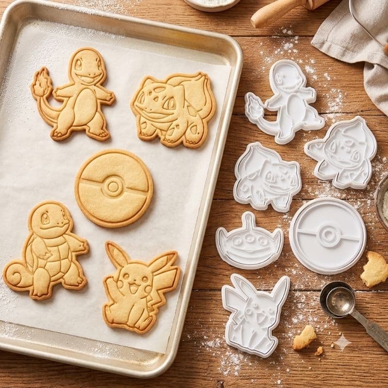 Kit 5 Cortadores de Biscoito Pokémon com Carimbo | Modelador para Massa e Confeitaria