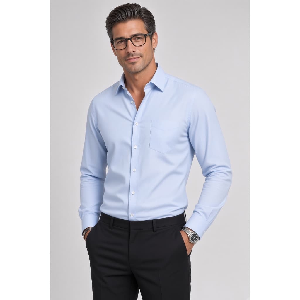 Camisa Social Masculina Manga Longa Azul Aço Lisa Microfibra com Elastano Bolso Trabalho Uniforme Escritório