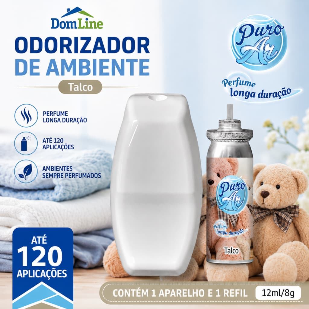 Odorizador de Ambiente Puro Ar Talco 12ml Aparelho Refil Aromatizador Click Spray