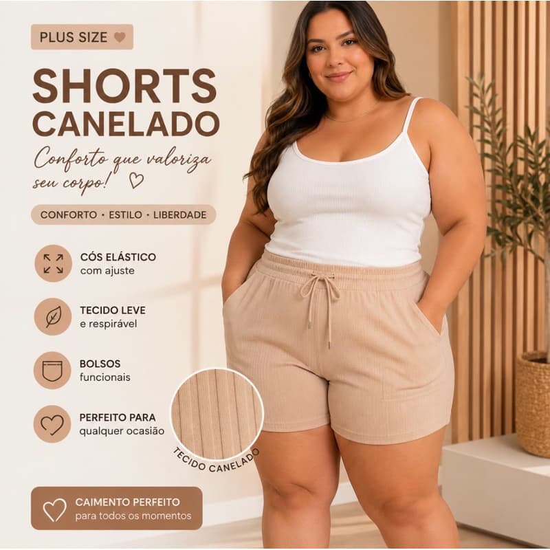 Shorts Feminino Canelado Casual Plus Size