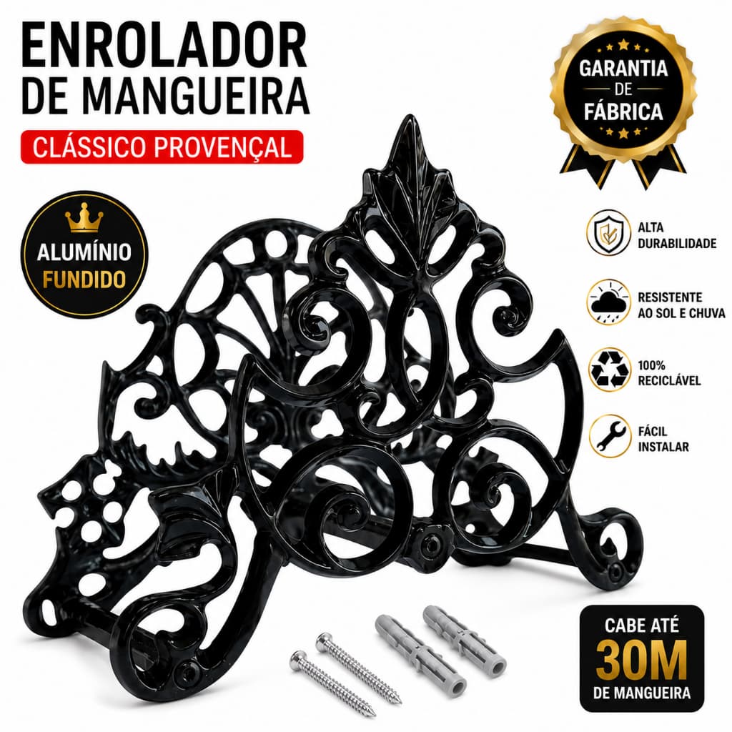 Suporte Enrolador Mangueira aluminio Clássico Preto jardim