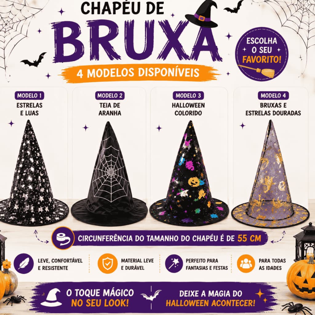 CHAPEU DE BRUXA FESTA DE HALLOWEEN DIA FAS BRUXAS ADULTO,JUVENIL E INFANTIL UNISSEX
