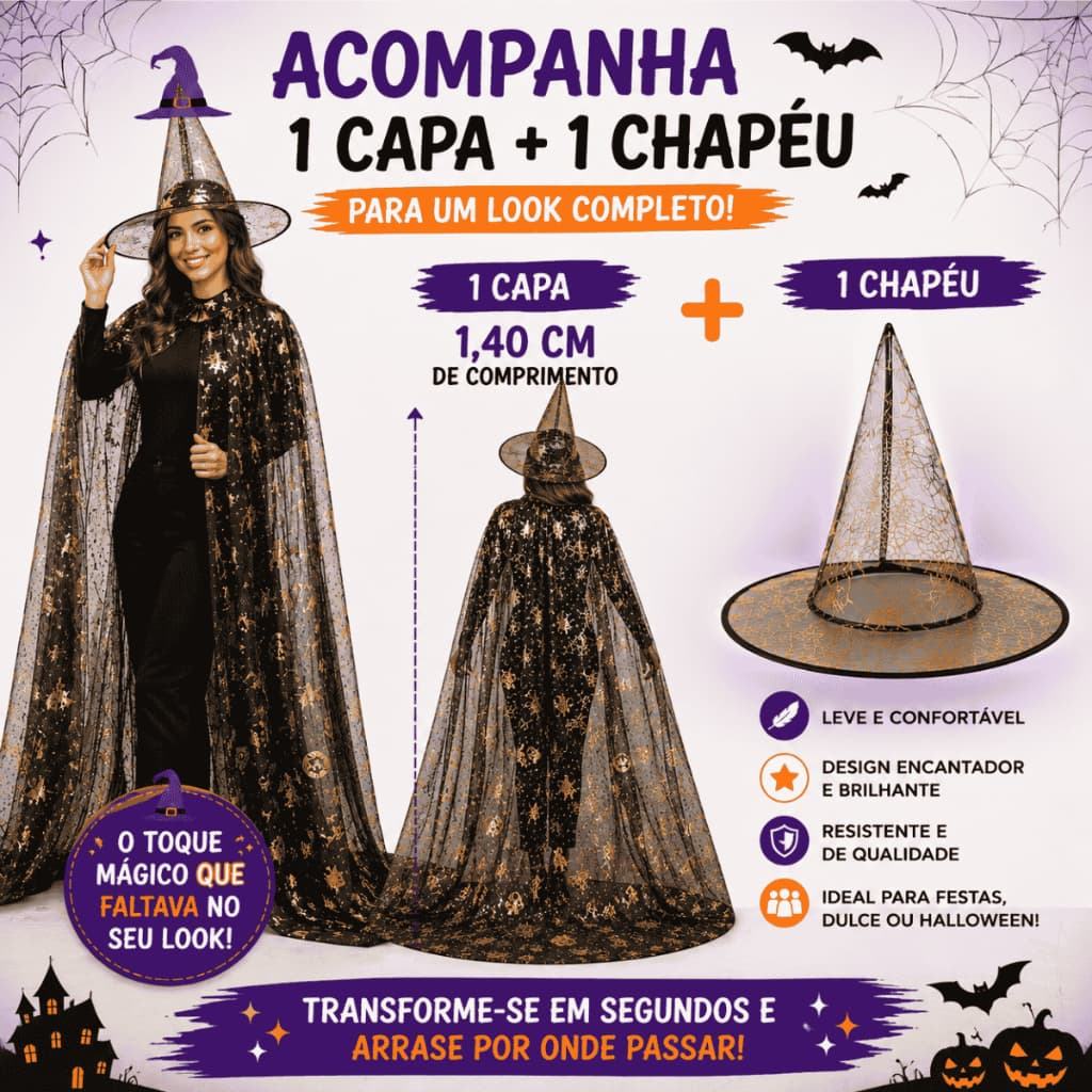CAPA DE BRUXA ADULTO E INFANTIL TULE COM CHAPEU DOURADA