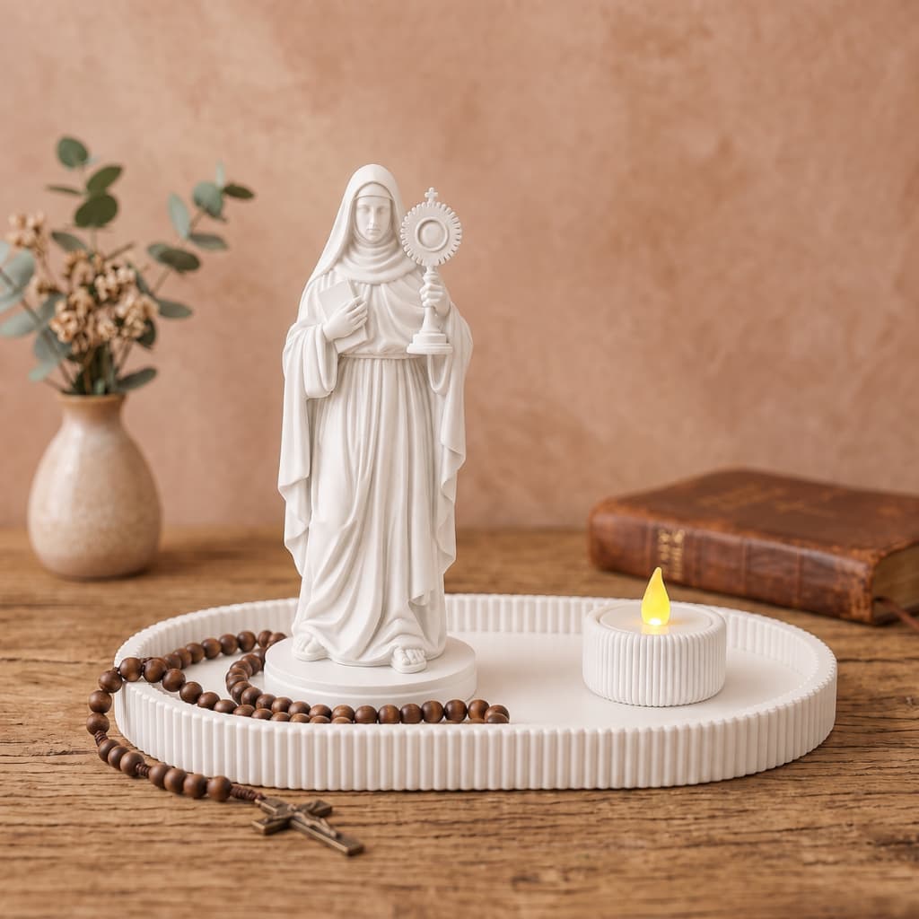 Santa Clara com Bandeja Porta Vela LED Kit Decorativo para Cantinho de Oração Decoração Religiosa Fé