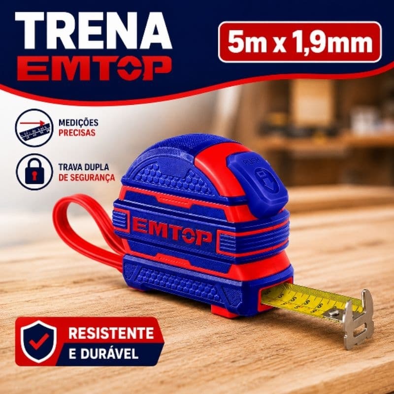 Trena Emborrachada - 5m X1,9cm Largura -  Auto-Travamento, Métrica e Polegada, Design Premium - Emtop