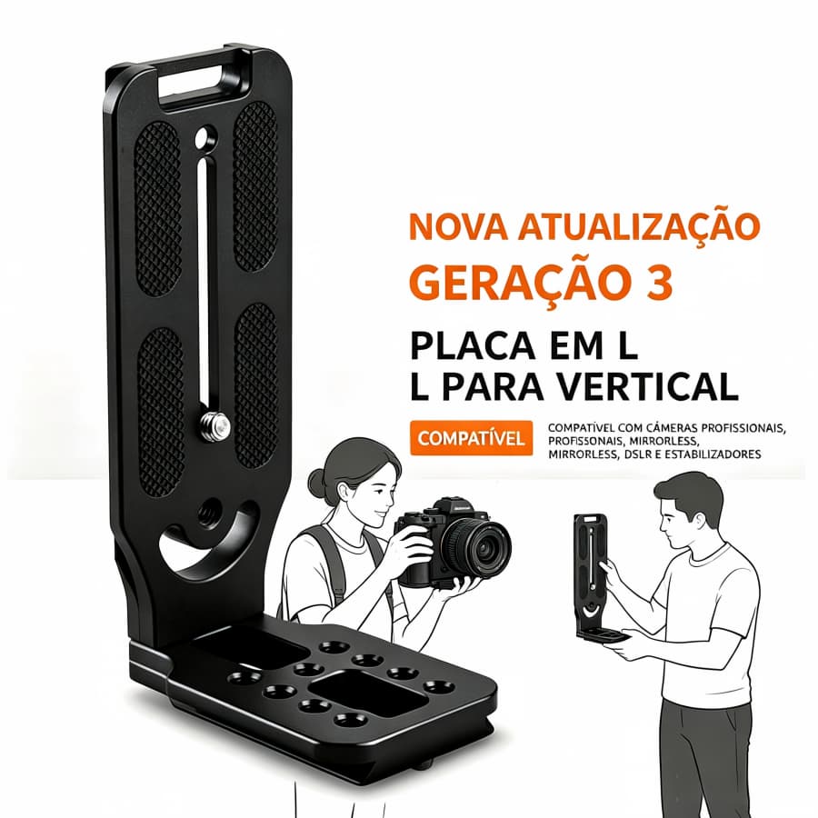 Placa L Vertical para Câmera e Tripé – Suporte em Alumínio, Compatível com Cabeças de Tripé