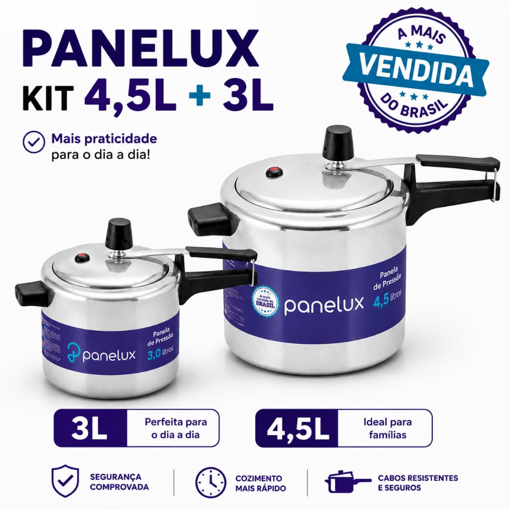 Kit 2 Panelas de Pressão Panelux 4,5L + 3L | Panela de Pressão Alumínio | Cozinha Prática e Econômica