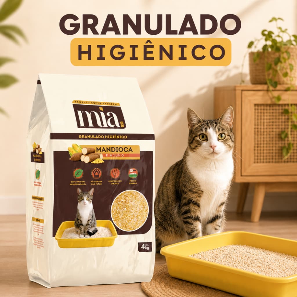 Areia Higiênica para Gatos Mandioca e Milho Biodegradável Granulado Sanitário Mia Cat 4kg