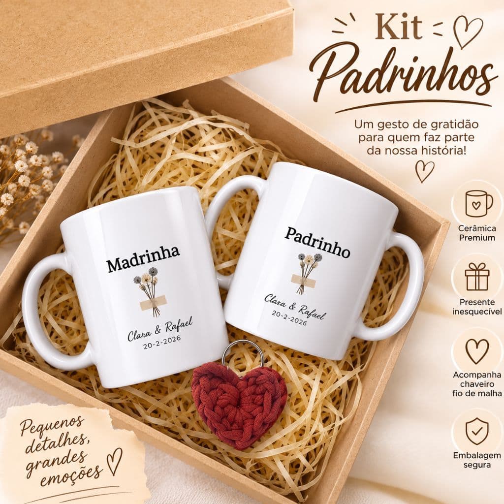 Kit Casamento- Caneca Personalizada Madrinha e Padrinho + caixa mdf cru + chaveiro fio de malha Presente