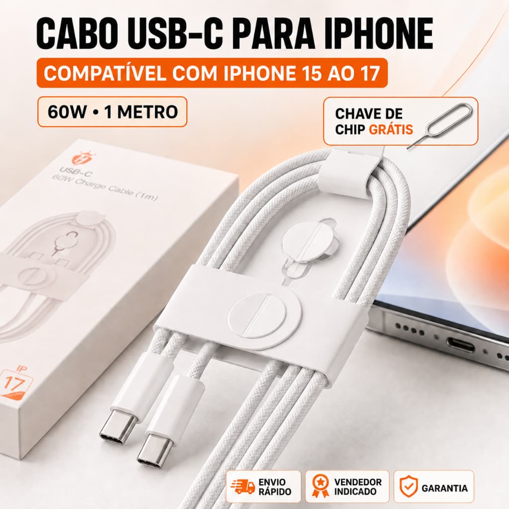 Cabo Carregador Para Iphone 15 Ao 17 Pro Max Trançado Igual Original Com Chave De Chip