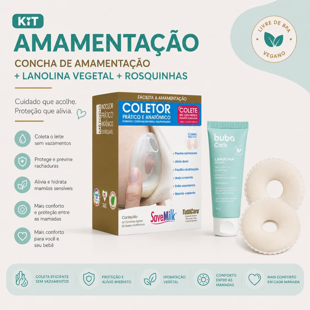 Concha Amamentação SaveMilk Rígida Coletor + Lanolina Buba 30g + Rosquinha