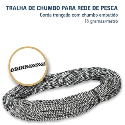 Tralha de Chumbo para Redes de Pesca 100 Metros de Corda com Chumbo de 16 Gramas Por Metro