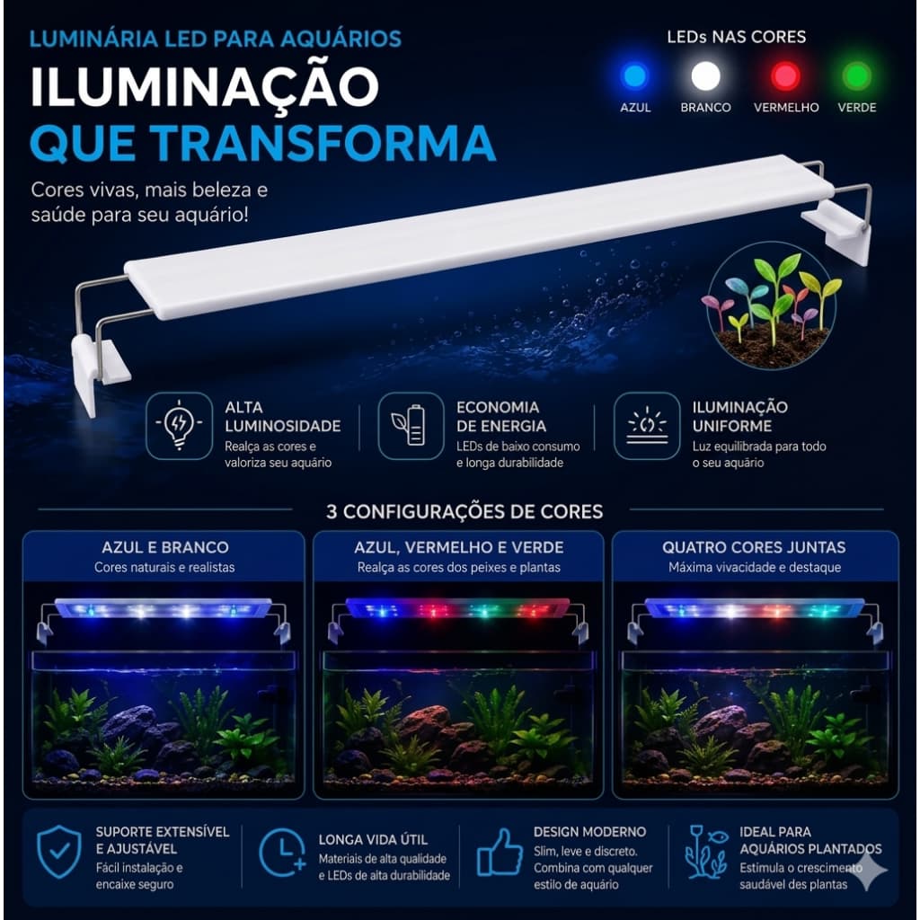 LUMINÁRIA DE LED PARA AQUARIOS ATÉ 80CM ALTA LUMINOSIDADE REALÇA AS CORES DOS PEIXES E PLANTAS