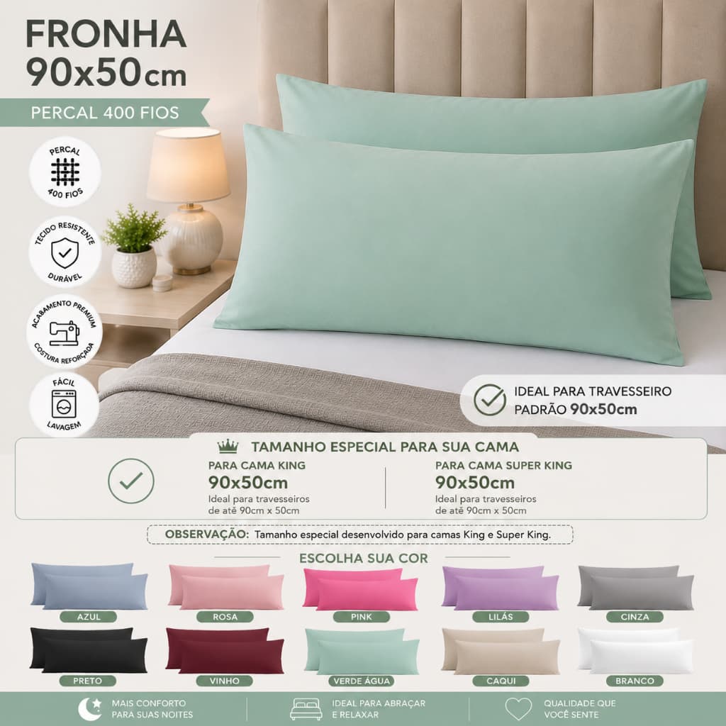 Par Fronha para Travesseiro King e SuperKing ou AVULSA,90x50,Percal 400 fios, Capa Porta Travesseiro