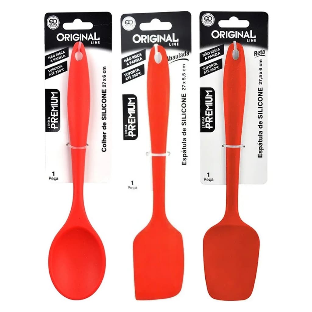 Kit Utensílios de Silicone Original Line 3 Peças Colher + Espátula Abaulada + Espátula Reta de Silicone