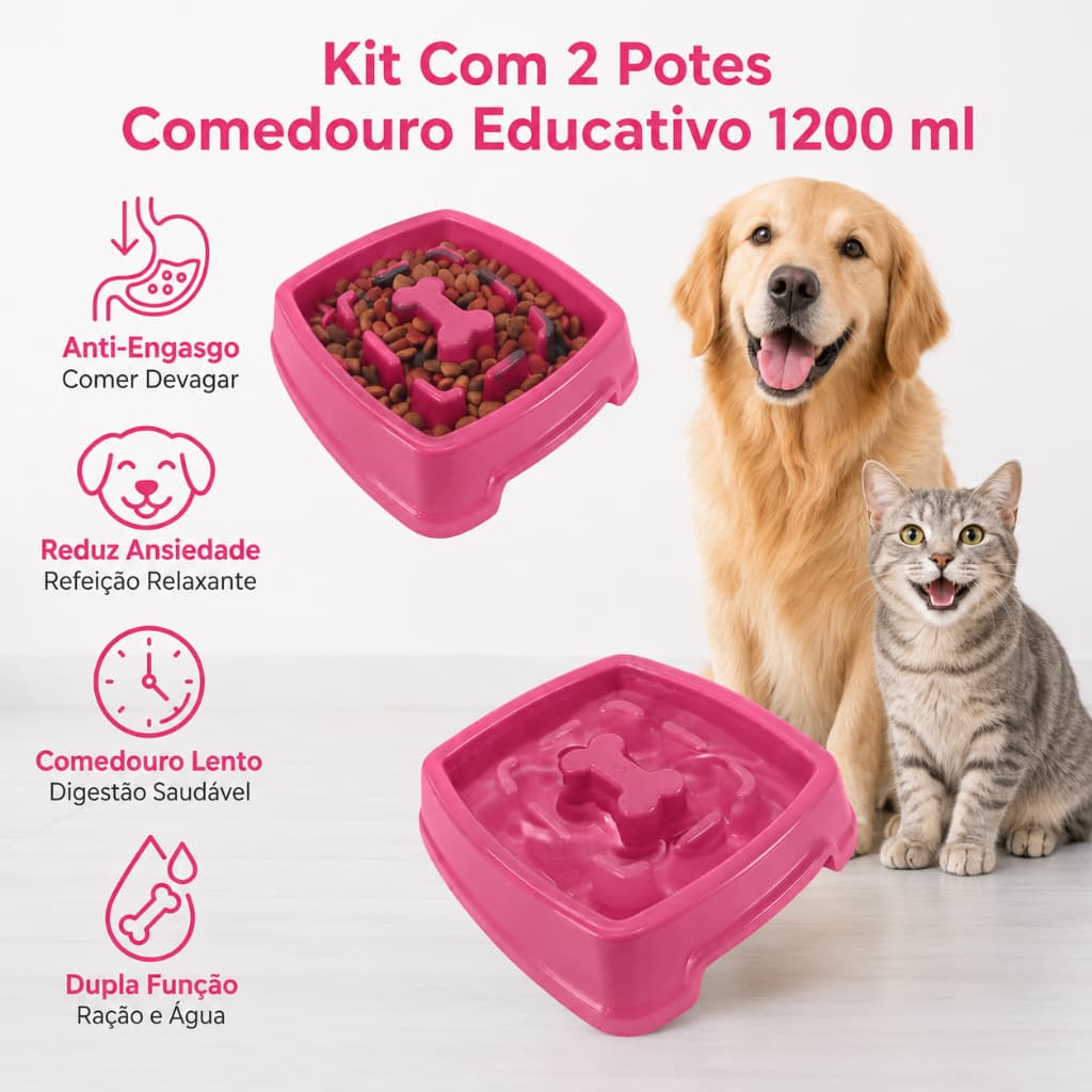 Kit Com 2  Potes De Ração Comedouro Lento Educativo 1200ml
