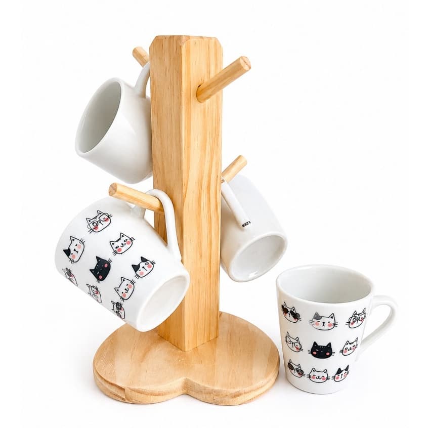 Kit 4 Xicaras para Cafe com Suporte de Madeira Pinus Decoração Cantinho do Café