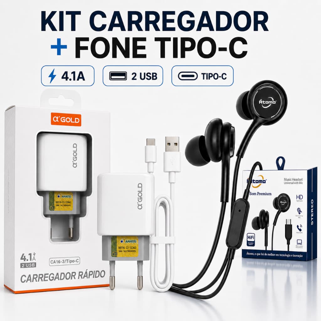 Kit Carregador  De Carregamento Rápido  2 USB + Fone de Ouvido Tipo C com Microfone
